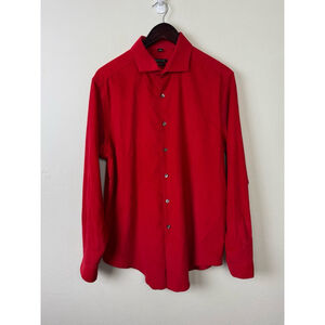 Van Heusen Men Long Sleeve Button Up Red Corduroy 17 34/35 Slim Fit Holiday